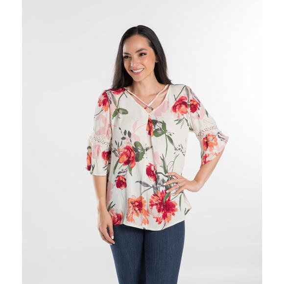Ivory Multi Color Floral 3/4 Sleeve Top - Medium - Picture 2 of 12